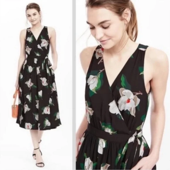 BANANA REPUBLIC Black Floral Midi Dress Spring Formal Dress - Picture 2 of 7